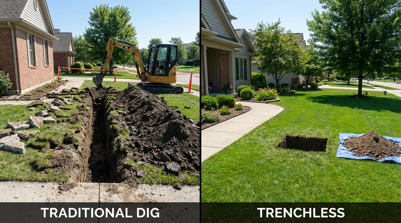 Trenchless sewer repair with minimal yard damage versus traditional excavation in Deerfield, IL