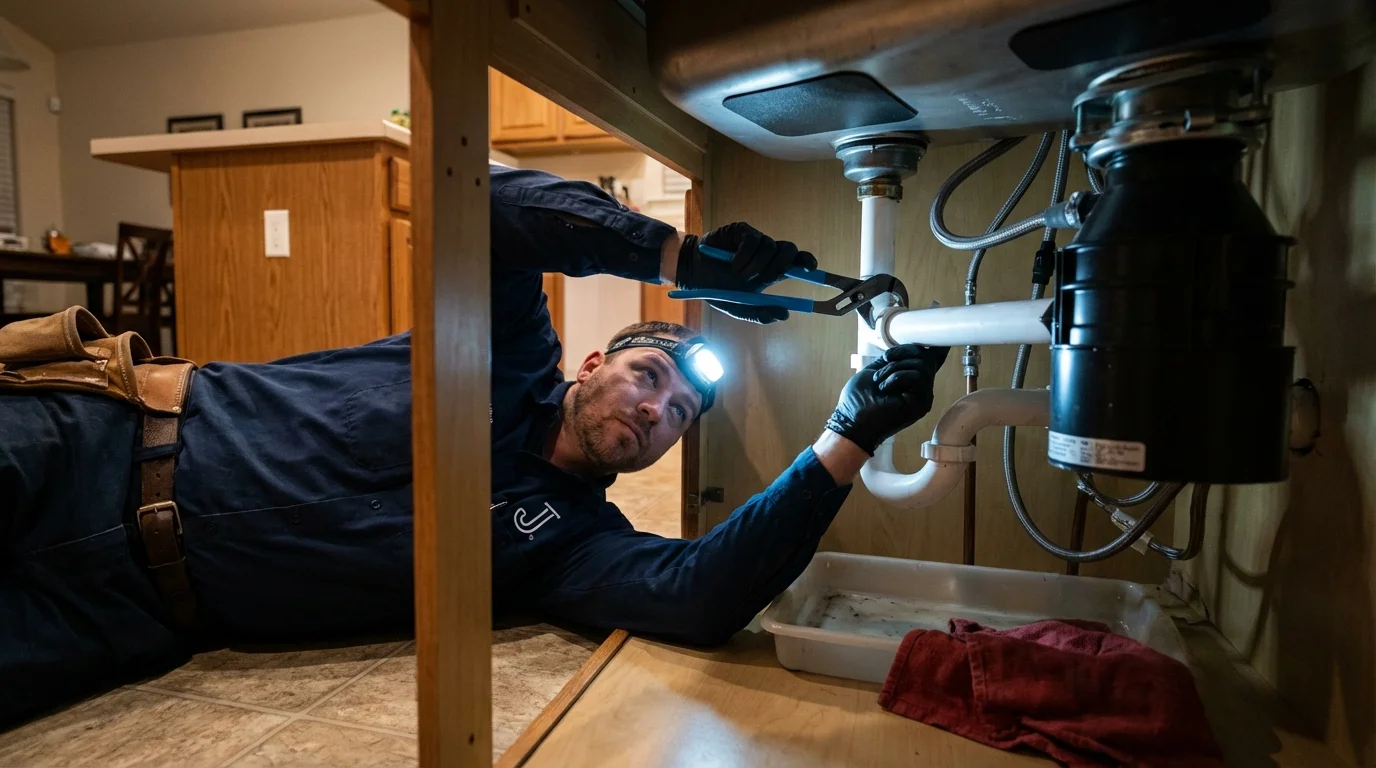 P-trap and supply line connections under a kitchen sink showing a common leak point in Deerfield, IL